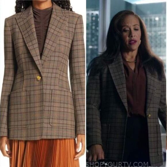 A.L.C Hicks Blazer Brown Bordeaux Blue Gold Plaid One-Button Size 14 - Picture 12 of 14